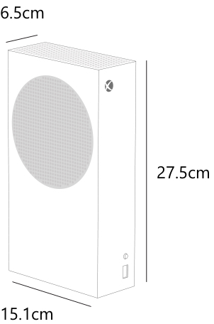 A diagram of the XBOX Series S showing the dimensions of the XBOX Series S: Height is 27.5 centimetres, width is 15.1 centimetres, and depth is 6.5 centimetres