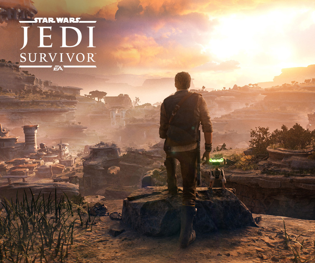 Star Wars Jedi: Survivor and EA logo, Cal Kestis and his companion droid BD-1 gaze over a canyon of cliff dwellings